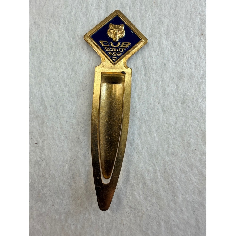 Vintage Cub Scouts BSA Wolf Rank Gold Tone Blue Enamel Metal Bookmark Clip